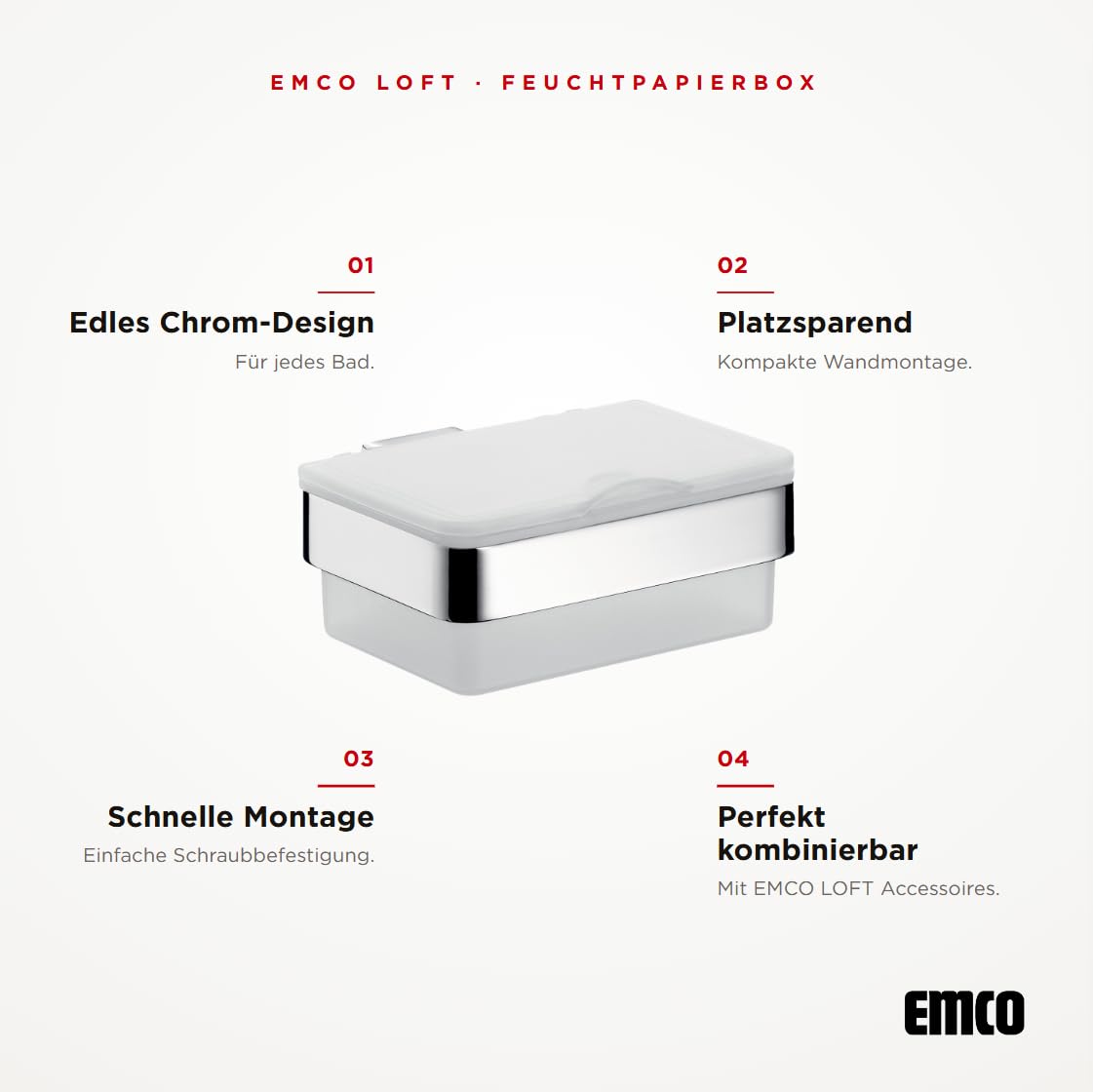 EMCO Loft pudełko na chusteczki nawilżane (tworzywo sztuczne białe/chrom, szerokość 155,5 mm, dozownik wilgotnego papieru do toalety) 53900101, normalne