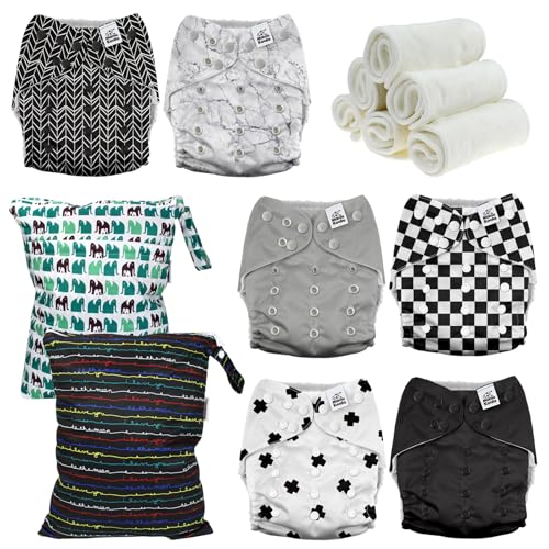 Image of Mama Koala 3.0 Baby Cloth Diapers with 6 Inserts Bundle(Black and White), with 2 Pack Waterproof Wet Dry Bags