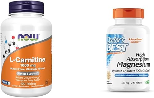 NOW Suplementos, L-carnitina 1,000 mg, forma más pura, aminoácido, soporte de fitnesia*, 100 tabletas y lisinato de glicinato de magnesio de alta