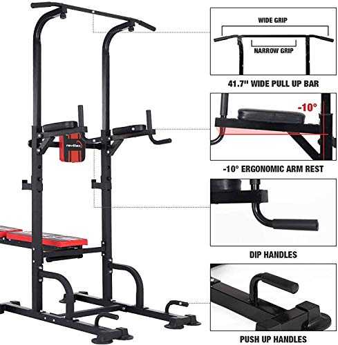 ER KANG Power Tower Dip Station, 850lbs Weight Capacity Workout Station with Dip Stands, Pull Up Chin Up Tower, Adjustable Weight/Sit-Up Bench for Strength Training, Home Gym(2021 Version)