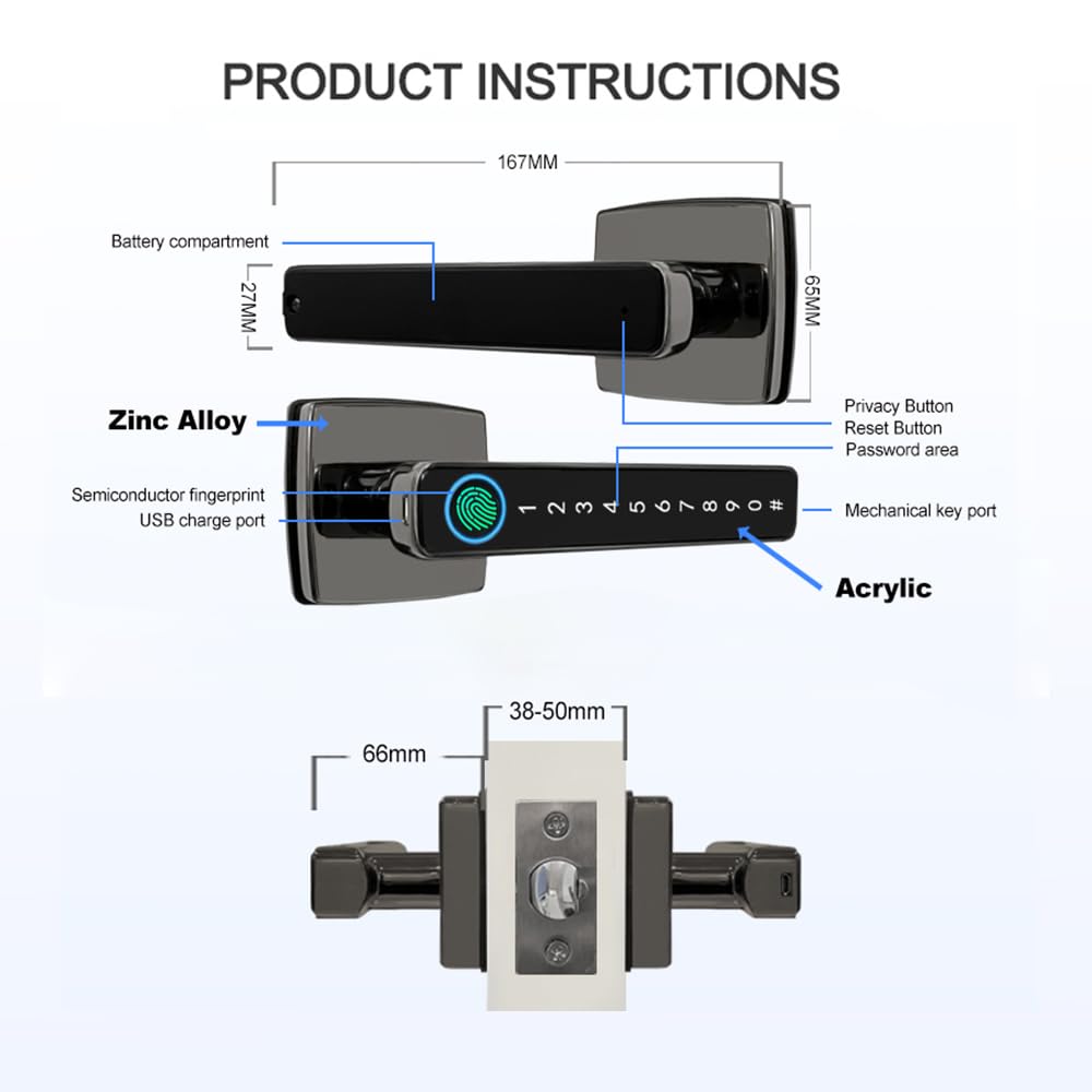 Smart Fingerprint Door Lock, Fingerprint Smart Door Handle With Key Code, 4 in 1 Keyless Tuya App Front Apartment Hotel Black, Designed for Bedrooms