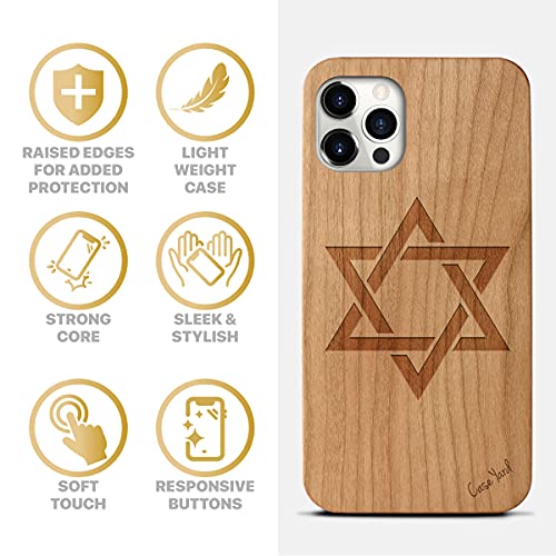 Caseyard Wood Phone Case For Iphone 12 Pro Max Laser Engraved David Star Design Cherry Wood Compatible Iphone Case Protective Shockproof Slim Fit Cell Phone Cover For Men & Women #TOP3