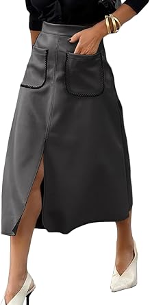 Happy Sailed Womens Faux Suede Skirt Elastic Waist Front Pockets A Line Midi Skirts Fall Winter Clothing