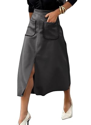 Happy Sailed Womens Faux Suede Skirt Elastic Waist Front Pockets A Line Midi Skirts Fall Winter Clothing