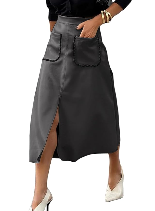 Happy Sailed Womens Faux Suede Skirt Elastic Waist Front Pockets A Line Midi Skirts Fall Winter Clothing