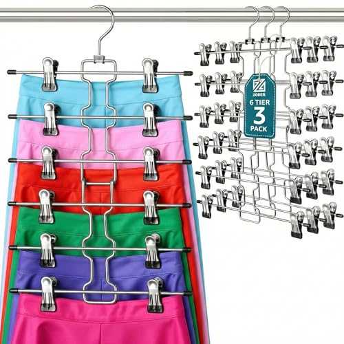 ZOBER 3-Pack 6-Tier Skirt Hangers with Clips - Pants Hangers with Clips Space Saving, Closet Organization, Swivel Hooks, College Dorm Essentials, Skirt Hangers for Women, Jeans Organizer for Closet