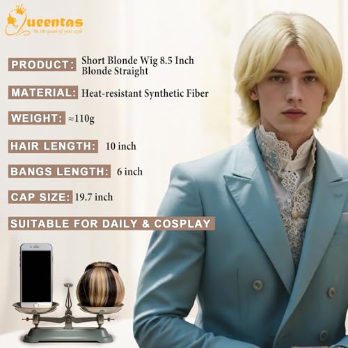 Image of QUEENTAS Unisex 10 Inch Short Straight Blonde Wig, Heat Resistant Synthetic Glueless Wig for Halloween Cosplay Daily Wear