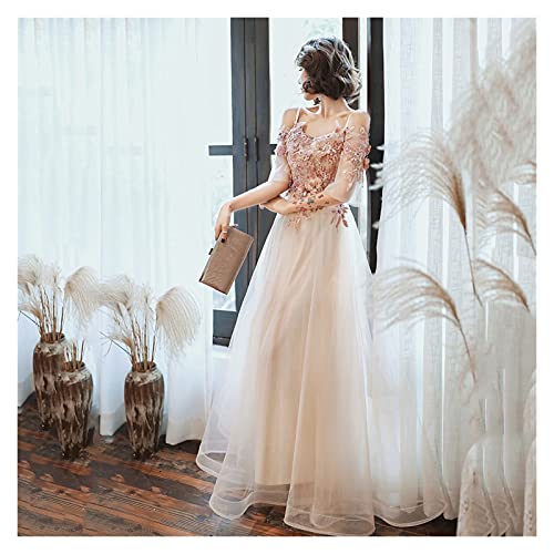 Schulterfrei Lange Ballkleider Perlen Blumenapplikationen Champagner Tüll Abschlusskleider (Color: Champagne, Size: 8) (Champagner 18W) Cover