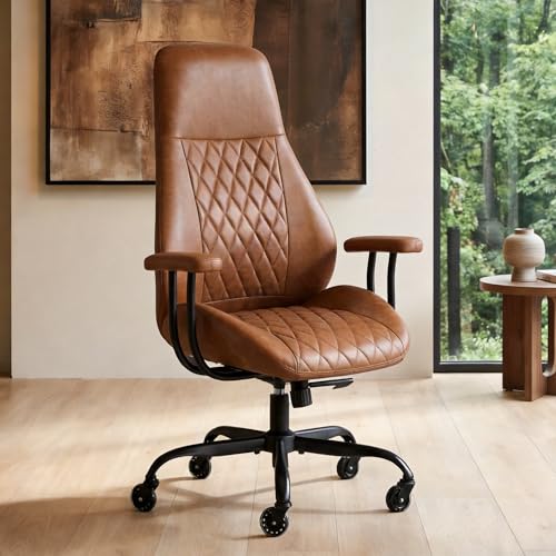 E-Motie Office Chair with Rubber Wheels, Ergonomic Computer Chair 500 lbs, Leather Desk Chair with Lumbar Support, Executive Chair Adjustable Height & Recline, Brown