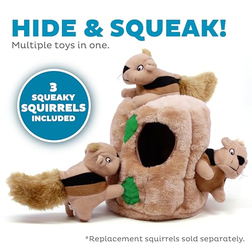 Image of Outward Hound Hide-A-Squirrel Dog Toy - Interactive 2‑in‑1 Plush Puzzle with 3 Squeaky Removable Squirrels, Large
