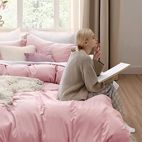 image for Bedsure Pink Duvet Cover Queen Size - 3 Pieces Prewashed Cotton-Like E