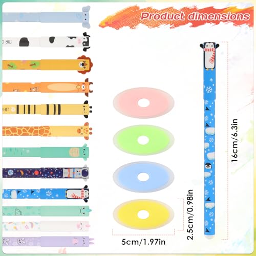 Lwtsrp 12 Stück Radierbare Gelstifte (0,5mm) in Bunt mit 4 Extra Radierer – Tier-Cartoon Design, für Schule & Büro – Perfektes Set für kreatives Schreiben & Korrigieren