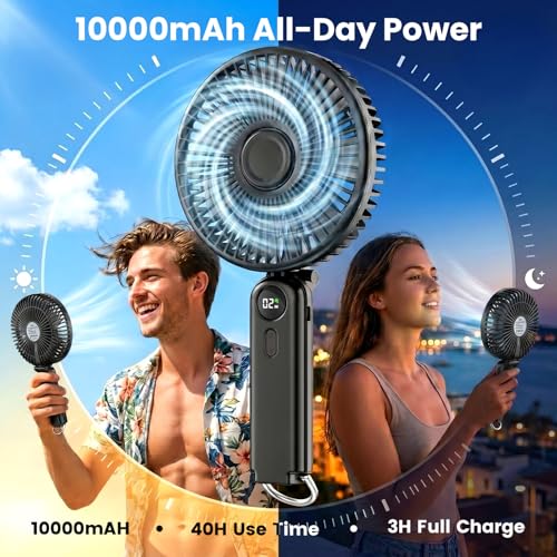 Image of Handheld Portable Fan, 10000mAh Rechargeable Travel Personal Fan | 6-inch Wide Airflow, Ultra Quiet Cooling, up to 40H Runtime, Foldable for Travel, Concerts, Makeup, Outdoor Use and Gifts