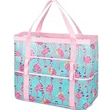 Fammart Mesh Beach Bag, Large Beach Tote with Zipper Pocket for Family Pool Bag for Toys & Vacation Essentials, Flamingo