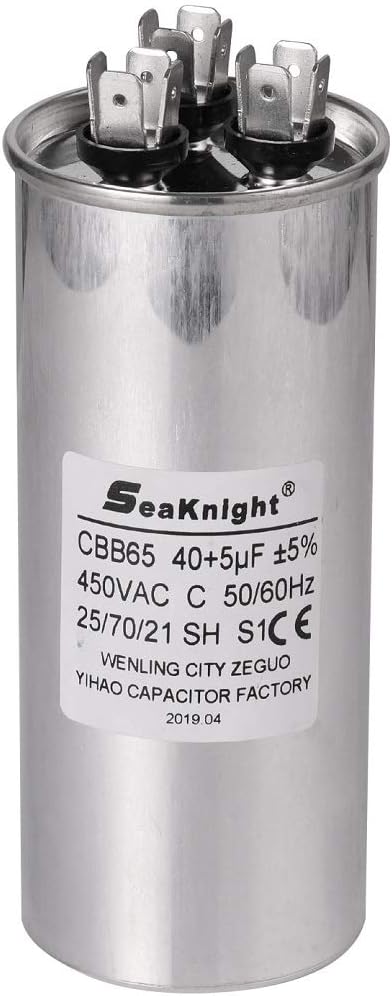 BlueNatHxRPR CBB65 High Capacity Metallized Polypropylene 40+5 MFD uF Air Conditioner Capacitor, 450V AC, Round, 1 Year Warranty