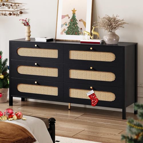 DWVO Natural Rattan 6 Drawer Dresser-Wooden Black Boho Double Dresser
