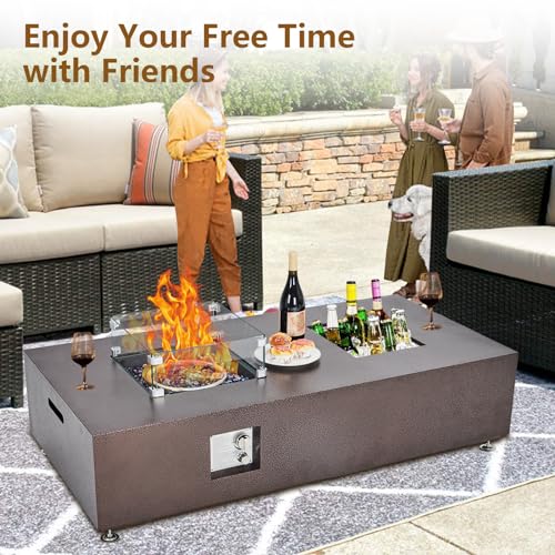 56" Propane Fire Pit Table with Ice Bucket,50000BTU Fire Table with 13" Square Drink Ice Bucket Wind Guard, Fire Glass Beads & CSA Safety Certified Outdoor Firepit for Patio Yard Garden(Bronze)