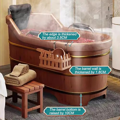 TT-YEC Verdickte Massive Holzbadewanne, Freistehende Bad Freistehende Nicht-Rutschbadewanne, Badewanne Mit Innerer Bank, Außenbank, Abflussventil, Oriental Classic Badewanne,L150cm – Bild 3