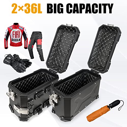 Donpida Universal Motorcycle Side Case,36L Motorbike Hard Side Saddlebag Box Trunk Tour With Support Racks Security Lock And Handle For Helmet Luggage Include Left And Right Storage Carrier,Black Aluminum #TOP2