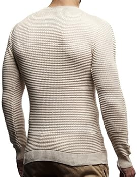 Leif Nelson Gebreide trui voor heren, ronde hals, dunne gebreide trui voor winter en zomer, coole ronde kraag, grijs-ecru, XL