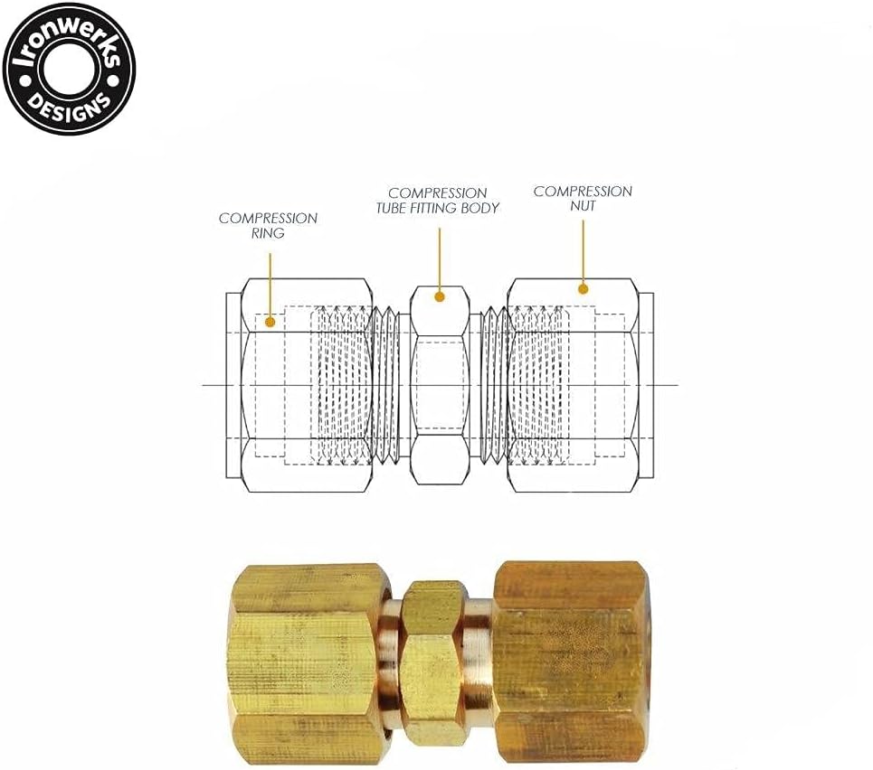 Ironwerks Designs 5/16" OD Tube Both Ends Lead-Free Brass Compression Union Fitting, Use With Copper, Aluminum, Plastic Tubing, Watertight Seal Waterlines or Air Pneumatic Lines- 10 Pack - - 
