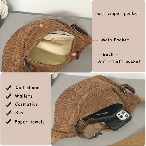 Micmores Bauchtasche Damen Umhängetasche Modische Cord Crossbody Bag Damen, Stilvolle & Praktische Brusttasche Gürteltasche Hüfttaschen für Outdoor Sport Reise Laufen Schule (Khaki)