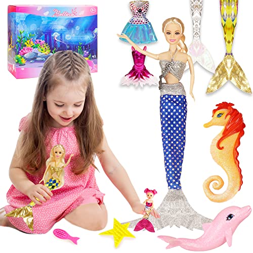 Mermaid Princess Doll Playset, Mermaid Dress Doll 12" With Little Mermaid Dolls 3" and Sparkle Dolphin and Seahorse and 2x Replacement Mermaid Tail 2x Dress, Doll Toys Gift Set for Little Girls Age3-7
