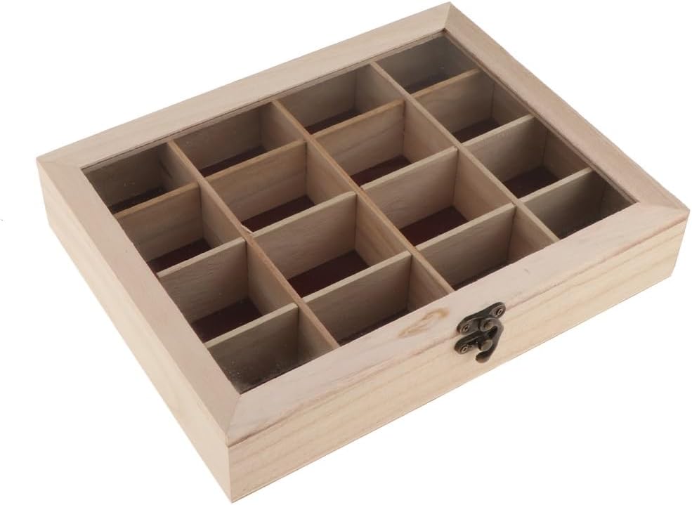 16 Grids Unfinished Wood Stash Box, Square Unpainted Wooden Jewelry Storage Chest Treasure Case for DIY Crafting