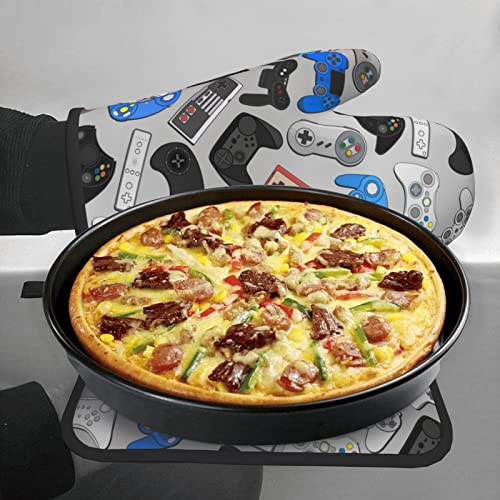 Oplp Video Game Controller Grey Background Colorful Gamepad Oven Mitts And Pot Holders Heat Resistant Oven Mitts Safe For Baking Cooking Bbq #TOP6