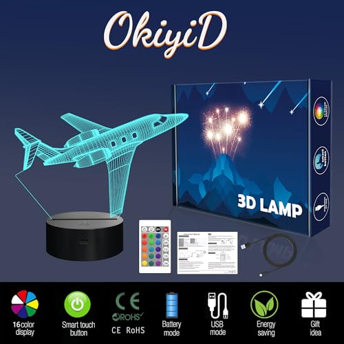 OkiyiD Airplane Gifts for Boy, Men, Aircraft Night Light, Gulfstream 3D Illusion Lamp with Remote and Touch Control, Plane Decor for Men Boy Kids Room, Birthday Gifts
