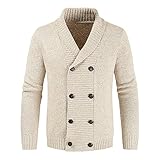Weinexra Mens Double Breasted Cardigan Sweaters Shawl Collar Cable Knitted Chunky Sweater Lapel Long Sleeve Warm Casual Coat White