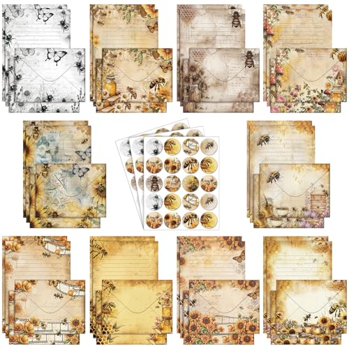 Image of TaoBary 160 Pcs Stationery Paper Set 50 Double Sided Stationery Papers with 50 Matching Envelopes and 60 Round Dot Sticker, 10 Design (Vintage Bee Floral Butterfly,8.25 x 5.5 Inch)