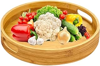 HAOSEA Round Wooden Tray Bamboo Serving Trays with Handles Lightweight Perfect for Breakfast in Bed Kitchen Living Room Bathroom(Medium-30x30cm)