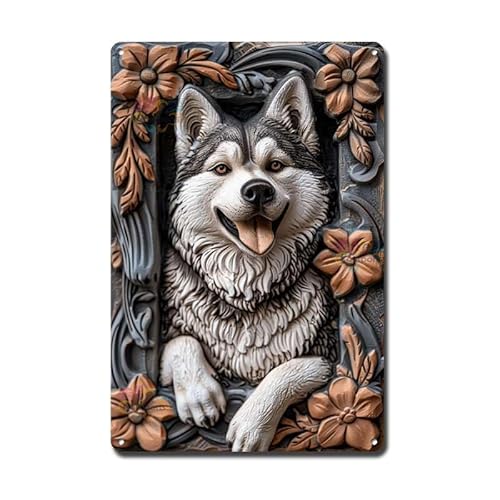 Soulpons Decorative Tin Sign Wall Art Alaskan Malamute Clay Art Framed for Alaskan Themed Retreats Malamute Enthusiasts and Cozy Cabin Decor Rustproof Corrosion Resistant Aluminum 6×8 Inches