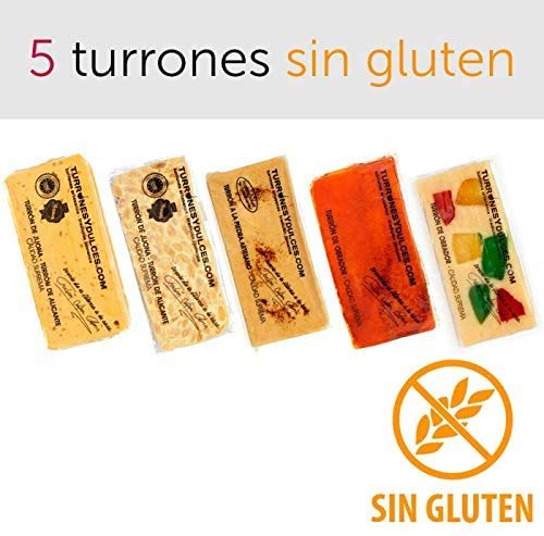 Lote de 5 Turrones artesanos, Sin Gluten (celiacos). 1,5 Kg - Turrones Fabián - Jijona blando, Alicante duro, Piedra, Yema Tostada, de Frutas. Denominación de Origen Jijona-Alicante.