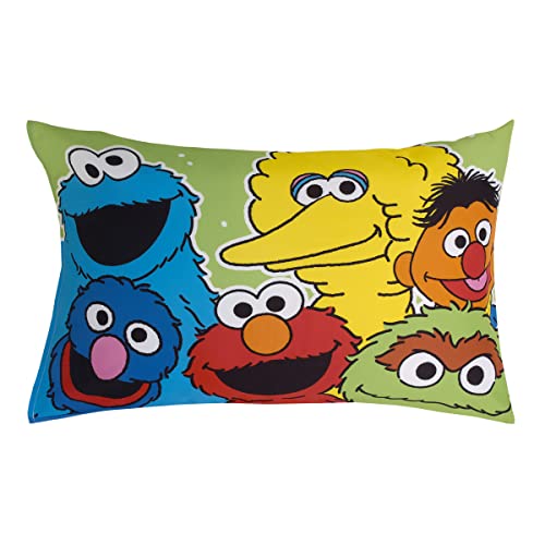 Image of Sesame Street Come and Play, Elmo, Big Bird, Cookie Monster, Grover, and Oscar The Grouch 4 Piece Toddler Bed Set - Comforter, Fitted Bottom Sheet, Flat Top Sheet, and Reversible Pillowcase