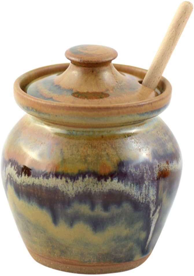 Tuscan Farmhouse Collection: Stoneware Pottery Honey Pot Jar, 16 oz, 5" High, American Made