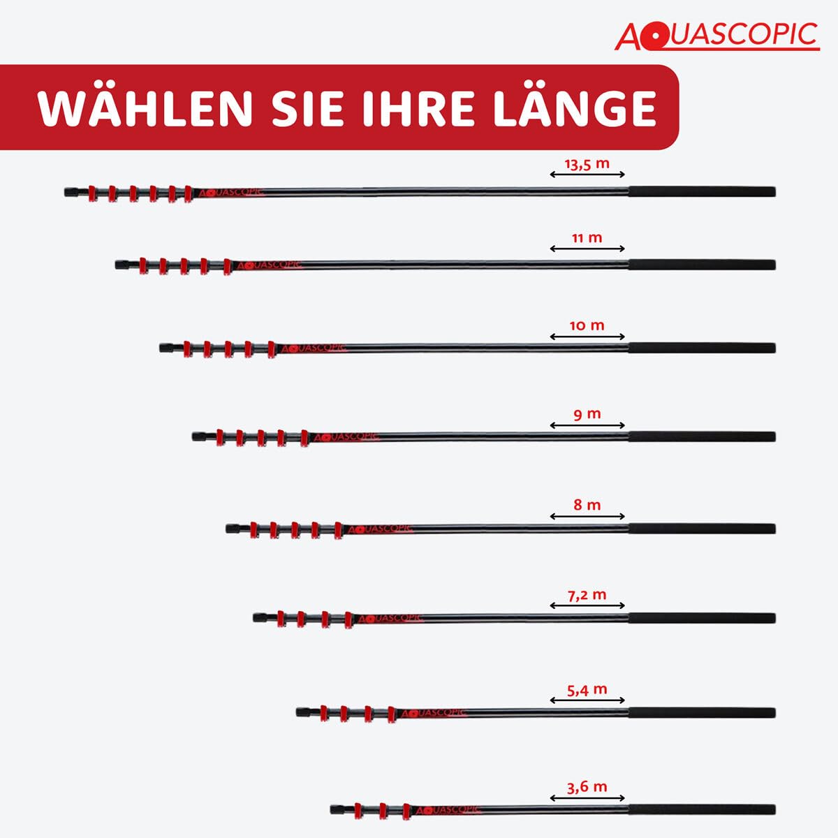 Aquascopic Aluminium Teleskopstange mit Schrubbbürste & 5-Flächenbürste - Fensterputzer längenverstellbar - Bis zu 7,2m - Profi Fensterreiniger für hohe Fenster, Fassaden- & Dachreinigung