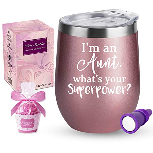 Aunt Gifts from Niece Nephew, Funny Gifts for Aunts- I’m an Aunt, What s Your Superpower, BAE Gifts for Birthday, Great Auntie Gifts, 12oz Wine Tumbler Favorite Aunt Mug Cup