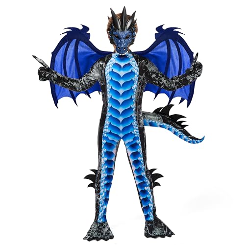 Spooktacular Creations Disfraz de dragón negro y azul con alas y máscara - Traje de Halloween para fiestas de niños, cosplay-M