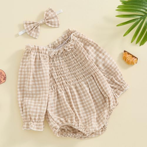 Baby Girls Ribbed Romper Outfits Ruffle Sleeve Bodysuit with Plaid Romper Dress One Piece Bubble Playsuit+Headband2