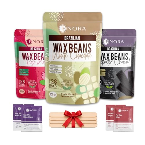 Image of ENORA Painless Hair Removal Brazilian Stripless Hard Wax Beans Range :White Chocolate + Rose pink+ Activated Charcoal |(100 Gram) pack of 3
