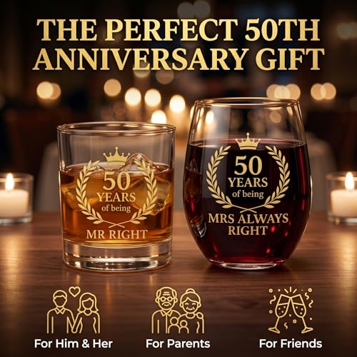 50 Year Wedding Anniversary Present for Parents, Husband and Wife, '50 Years of Being Mr Right & Mrs Always Right' Stemless Wine and Whiskey Glass Set (50th (1 Whisky Glass, 1 Wine Glass)) by iematoz - Image 2