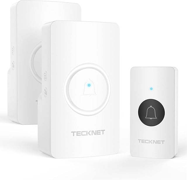 TECKNET Wireless Doorbell, Twin Cordless Doorbell Waterproof Plug in Doorbell 1300 Ft Range, 90dB&Mute Mode,38 Door Chimes & Blue LED Light