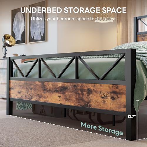 Image of LIKIMIO California King Bed Frame, Tall Industrial Headboard 51.1 inch, Platform Bed Frame with Strong Metal Support, Solid and Stable, Noise Free, No Box Spring Needed, Easy Assembly, Vintage Brown