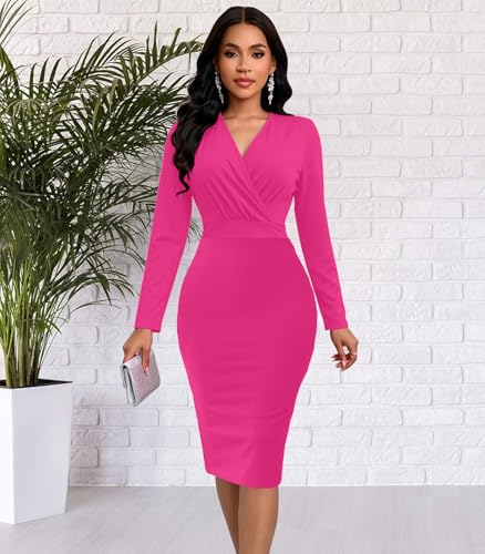 Image of Funeral Church Dresses for Women Formal Long Sleeve Wrap Business Work Dress Vintage Ruched Midi Pencil Dress
