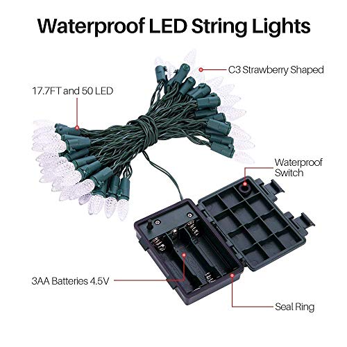 Asenek Battery Operated String Lights - 18Ft 50 Led C3 String Lights Christmas Lights Battery Powered String Lights For Indoor Outdoor Christmas Tree Wreath Party Decoration, Waterproof, Warm White #TOP5