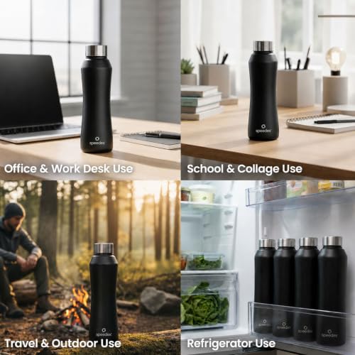 Image of Speedex Stainless Steel Water Bottle 1 Ltr, Leak Proof Screw Cap, BIS Approved 1000 ml Metal Bottle For Daily, Office, School, Gym, Travel Use for Men, Women, Kids, Adults, Black, Set of 1