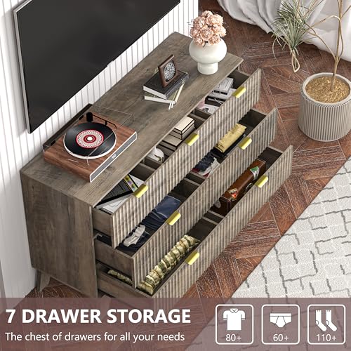 Image of Grey Dresser 7 Drawer Dresser for Bedroom, 47''W Fluted Wooden Dresser Storage Cabinet and Chest of Drawers with Metal Handle, Storage Organizer for Living Room, Hallway, Entryway, Gray