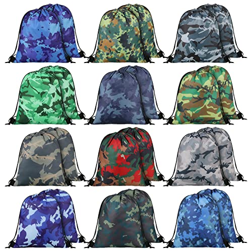 Woanger 24 bolsas camufladas com cordão a granel 29 x 24 cm, bolsa de presente de paintball camuflada, impermeável, leve, com cordão, mochila de apertar, militar, caça, academia, viagem, esportes